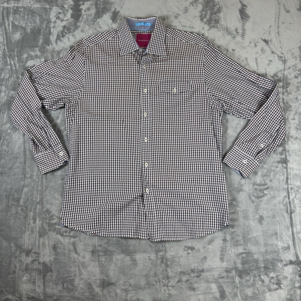 Tommy Bahama Button Down Shirt Mens M Blue Brown Geometric Long Sleeve Cotton